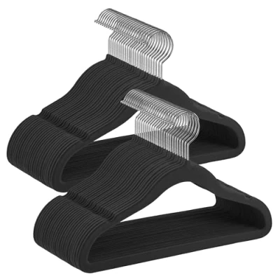 Bild av SONGMICS Barnklädhängare, Set med 50 Sammet, 360 vridbar krok i silver, Platssparande, Anti Slip, för garderob, svart bläck, CRF027B05