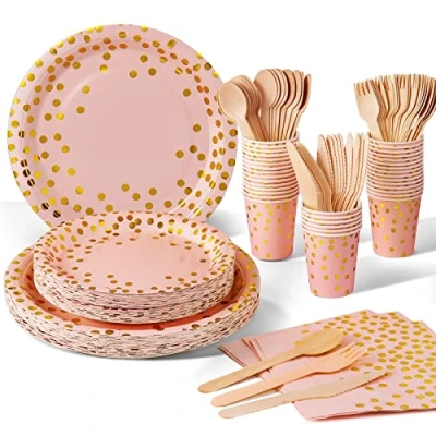 Bild av Nkaiso Partyservis rosa guld 140 delar pappersservis set inkluderar papperstallrikar servetter pappersmuggar servis, för bröllopsdusch, förlovning, bröllop, födelsedag (20 gäster)
