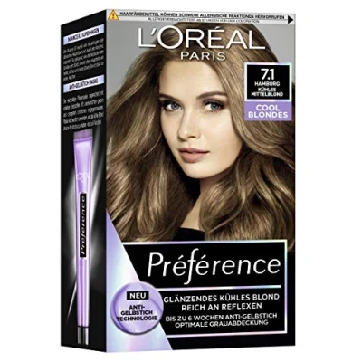 Bild av L&#039;Oréal Paris permanent hårfärg med kallt färgresultat, hårfärgningsset färgning och anti gulfärgning vårdbalsam, Préférence Cool Blondes, nr 7.1 sval medelblond (Hamburg), 1 styck