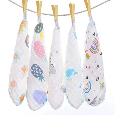 Bild av Baby muslin tvättlappar, fyrkanter organisk 100 % bomull naturliga ansiktshanddukar för baby, 5 pack återanvändbara extra mjuka våtservetter nyfödda, 6 lager baddusch tvättdukar med tryckt
