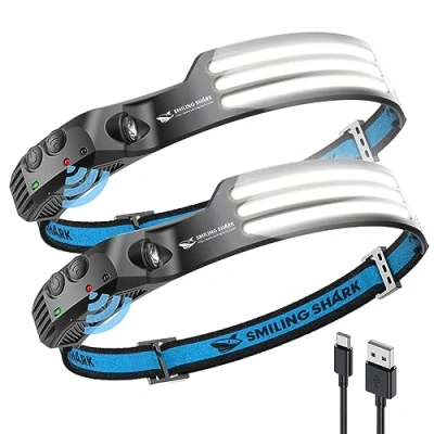 Bild av Smiling Shark Pannlampa, 2 st, 230 bred vinkel, 3 x LED lampor, vita ljusremsor, uppladdningsbar headlight, med vattentät rörelsesensor, utomhusaktiviteter, frontlampa camping