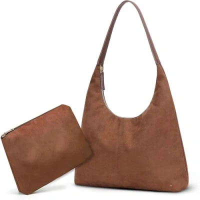 Bild av axelväska dam mocka mjukt läder väska retro stor kapacitet handväska hobo med dragkedja 2 st set, Brun