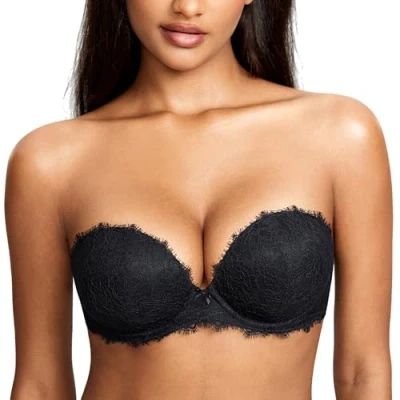 Bild av DOBREVA Kvinnors Axelbandslös Push Up Bra Lace djup urringning Wired vadderad med avtagbara remmar Svart 70D
