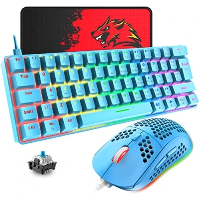 Bild av T60 Trådbunden Speltangentbord och Musuppsättning, 60% Kompakt 62 Key Mekaniskt Tangentbord, 19 Rainbow LED ljus, UK Layout + 6400 DPI PS4 Gaming Mouse Musmatta för PC, Laptop Blå Switch/Blå