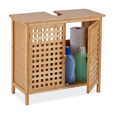 Bild av Relaxdays Tvättställsskåp, H x B D: 61 66 30 cm, 1 fack, bambu och MDF, underskåp för badrum, handfat, natur