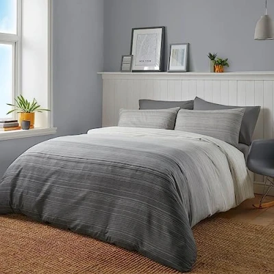 Bild av Fusion modernt grått påslakan king size sängkläder (230 x 220 cm) vändbar design ombre grå ljusgrått träkol randigt linjer