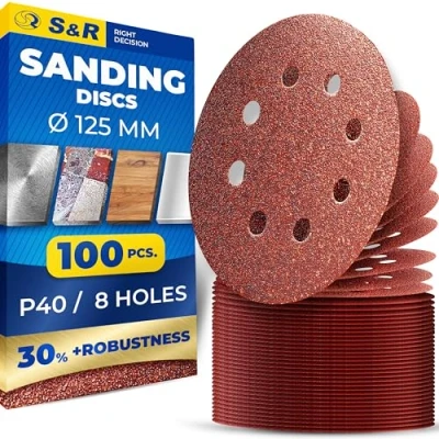 Bild av S&amp;R Kardborreband, slippapper, set 125 mm, mästare, 8 hål, 100 st. i kornstorlek P40, slipskivor, slipskivor för excenterslipmaskin, kardborreslippapper, tillförlitlig vidhäftning på sliptallriken