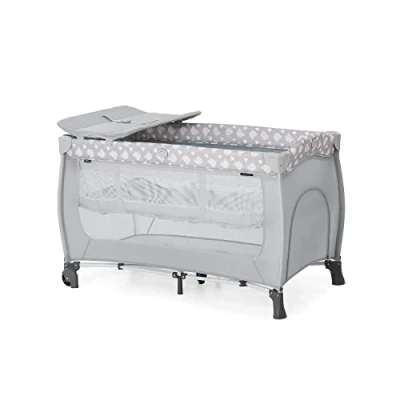 Bild av Hauck Sleep N Play Center, 7 delad Hopfällbar Resesäng från Födseln upp till 15 kg, Spädbarnsinlägg och Skötbord, Vikbar Madrass Hjul, Sidoöppning, 120 x 60 cm grå