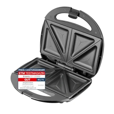 Bild av Emerio Dubbel smörgåsmaskin, BPA fri, klassisk form för triangulär smörgås, lätt att rengöra, non stick, värms upp snabbt, 750 watt