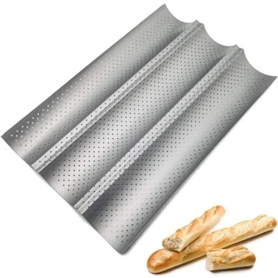 Bild av PIQIUQIU baguette bakplåt, bakform för 3 baguetter, baguetteplåt med högkvalitativ non stick beläggning, brödform bra värmeledning, 38 x 24,5 cm baguetteform, bakplåtsplåt