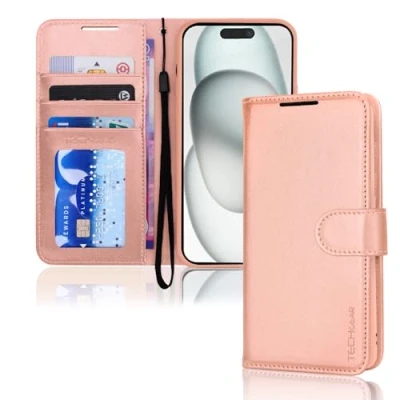 Bild av TECHGEAR iPhone 15 Plus plånboksfodral i läder, flip skyddsfodral med plånbokshållare, stativ och handledsrem roséguld PU läder magnetisk stängning designad för 6,7 tum