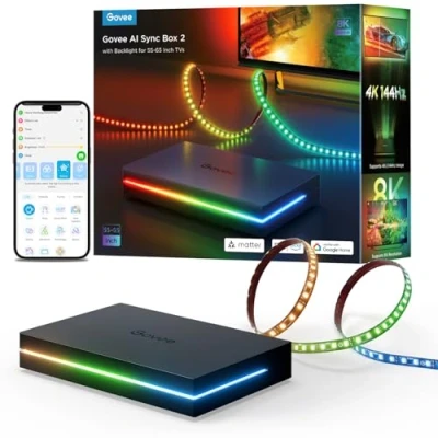 Bild av Govee HDMI 2.1 Sync Box Kit 2, inkl. TV bakgrundsbelysning, AI Box, stödjande 8K@60Hz, 4K@144Hz, VRR och ALLM, funktionell med Matter, RGBIC LED remsa för 55 65 Zoll Fernseher, 75 lysdioder/m