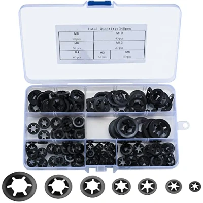 Bild av Starlock Låsbrickor, 340 stycken, invändiga tänder, snabbkoppling, hållare, snap säkringsring, kit svart, M3/M4/M5/M6/M8/M10/M12