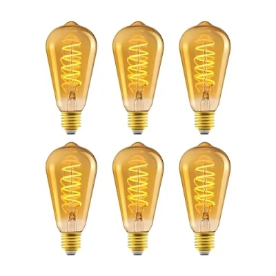 Bild av Amazon Basics Vintage LED lampa, E27, gammal stil, retrobärnstensglas, ST64, 4 W (motsvarar 25 W), 1 800 K, supervarmt ljus, 6 stycken