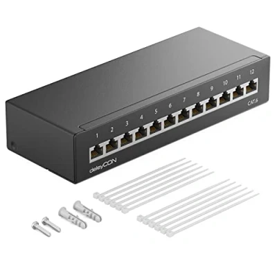 Bild av deleyCON CAT 6 Patchpanel 12 Portar 1U Bords och Väggmontering Skärmad 12x RJ45 Uttag LAN Nätverksinstallationskabel TIA568A TIA568B RAL 9005 Svart