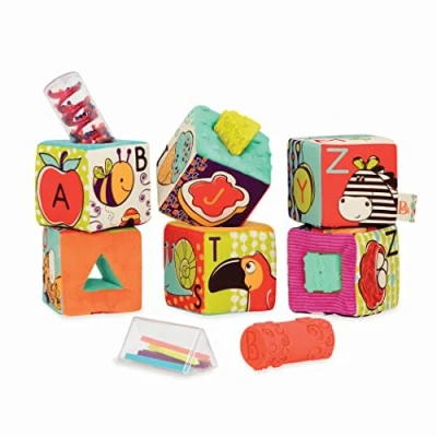 Bild av B. toys by Battat Babyleksak ABC tygblock med djur, geometriska former, skallra, mjuka babyblock för stapling leksak från 6 månader (11 delar), färgglada