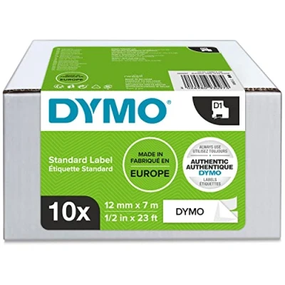 Bild av DYMO D1 originaletiketter Svart utskrift på vitt 12 mm x 7 m Självhäftande etiketter för LabelManager märkmaskiner 10 st.