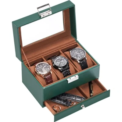 Bild av ProCase Klockbox för män, klockvisningsfodral med låda, klockfodral glaslock, förvaring i 2 lager smycken och klockor, klockhållare, organisering män kvinnor, 3 fack, midnattsgrön