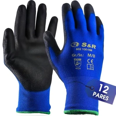 Bild av S&amp;R skyddshandskar, 12 par, arbetshandskar med DRIVE GRIFF® av polyesterfiber polyuretanbeläggning, för privat och yrkesmässigt bruk (L/9)