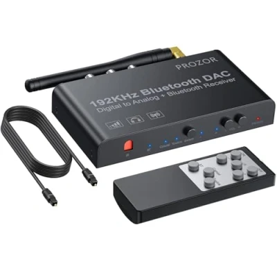 Bild av PROZOR Bluetooth DAC omvandlare 192 kHz BT 5.0 optisk Toslink koaxial till RCA L/R 3,5 mm ljudomvandlare med volymjustering och IR fjärrkontroll digital analog ljudadapter för DVD TV Blu Ray