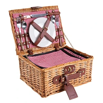 Bild av eGenuss Picknickkorg i vide för 2 personer med tillbehör &amp; isolerad KylväSka Picknickkorgset camping, perfekt gåva Röd