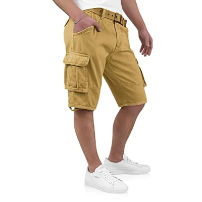 Bild av Indicode Kjeld Cargoshorts för män med 6 fickor, inkl. tygbälte av 100 % bomull, korta cargobyxor, bermudashorts, sommarbyxor, herrshorts, ambra, M