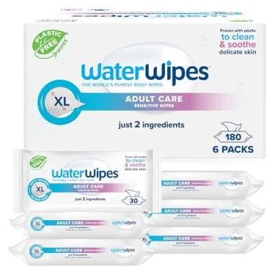 Bild av WaterWipes Sensitive Wipes för vuxna, 180 våtservetter (6 Packs), extra stora, vattenbaserade våtservetter, utformade rengöring över hela kroppen
