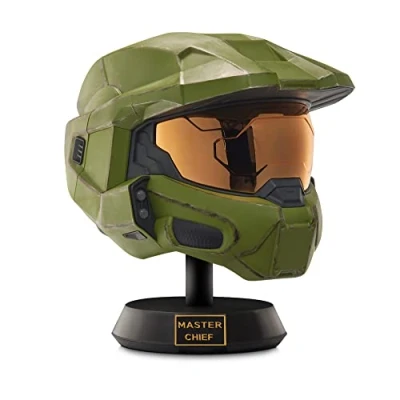 Bild av Halo HLW0173 Master Chief Deluxe hjälm med stativ LED lampor på varje sida stridsskadad färg en storlek passar de flesta bygguniversum, multi