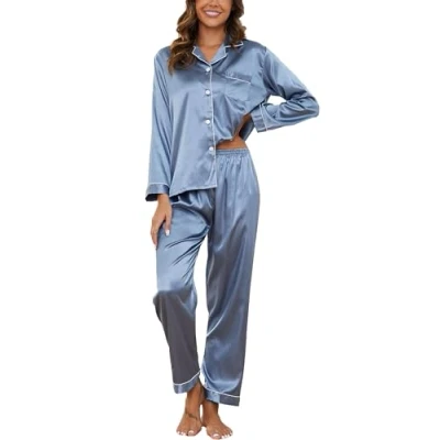 Bild av Reliwel Dampyjamas i Satin Pyjamas Dam Tvådelad Långärmad Pyjamasset Med Knappar Silke Mjuk V ringning Öppen Framsida Och Byxor Sidoväskor, S