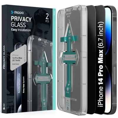Bild av Deppa [2 Pack] Privacy Skärmskydd för iPhone 14 Pro Max (6.7&#039;) Screen protector Härdat Glas Full täckning med Enkel Installationsbricka Anti Spy, Privat, Mörk, Svart Film (Videoguide)