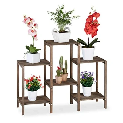 Bild av Relaxdays trä blomma steghylla, shabby look, inomhusbruk, fristående växtstativ, 6 hyllor, 70 x 89 27 cm, brun, trä, cm