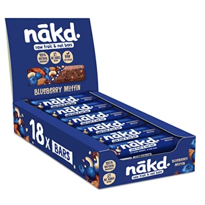 Bild av Nākd. Blueberry Delight Kallpressade stänger av frukt och nötter 100% naturliga ingredienser utan tillsats socker Vegan glutenfri mjölk 18 x 35 g 630