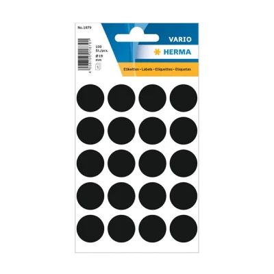 Bild av HERMA 1879 multifunktionsetiketter/runda färgade prickar (Ø 19 mm, 5 ark, papper, matt) självhäftande, permanenta märkningspunkter för handskriven märkning, 100 klistermärken, svart
