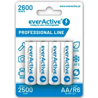 Bild av everActive Batteri AA 2600 mAh 4 stycken, NI MH, Mignon R6, uppladdningsbar, förladdad, högsta prestanda, professionell linje 1,2 V, 1 blisterkort, vit