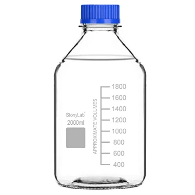 Bild av Stonylab Graderade förvaringsflaskor med GL45 skruvlock, 2 000 ml borosilikatglas, klar, rund labb, reagens, medialagringsflaskor blått 1 pack