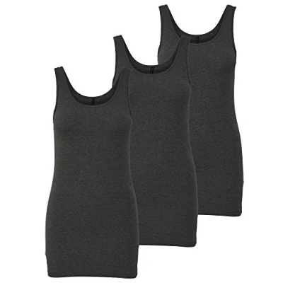 Bild av ONLY 3 pack damtoppar, basic tanktoppar vit, svart, grå, blå, grädde kvinnor, skjorta, lång sommarskjortor, topp 15201465, Grå (mörkgrå melange), L