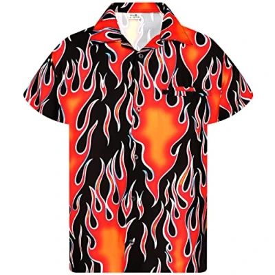 Bild av Hawaiiskjorta för män, funkig kortärmad skjorta med knappar, ledig unisex tröja, biker flammotiv, rock&#039;n&#039;roll, perfekt fest, S