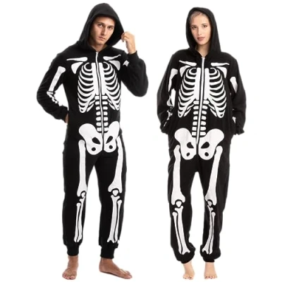 Bild av Spooktacular Creations Unisex skelettpyjamas i plysch, skelett jumpsuit med dragkedja för halloween, huvtröja, pyjamas vuxna, nattkläder, dräkt, Svart, L