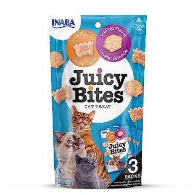 Bild av INABA Juicy Bites kattgodis snacks väskor med saftig kärna i roliga former munvänliga kattsnacks 2 smaker, krabbor och pilgrimsmusslor, 3 påsar x 11 g