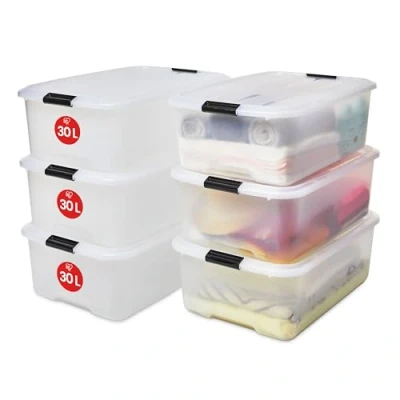 Bild av Iris Ohyama, PlastFörvaringsLådor med lock och stängningsklämmor, 30L, Set 6, Integrerade handtag, Stapelbar, BPA fri, Sovrum, Kontor, Vardagsrum, TB 30, Klar