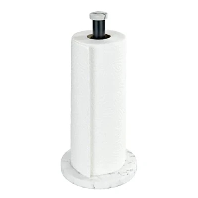 Bild av WENKO Hushållspappershållare marmor, stående hållare för köksrullar i elegant marmorutseende köket, med botten av plast och svart stång metall, (B/D x H): Ø 15 32 cm, vit