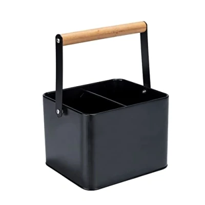 Bild av Wenko Redskap korg Baco, svart utomhus kökstillbehör, robust bärkorg av pulverlackerad metall med flexibelt trähandtag, perfekt för transport såser, 18 x 25,5 15 cm