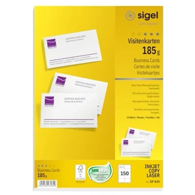 Bild av Sigel GmbH DP830 visitkort vitt, 150 stycken (15 ark), 185 g, 85 x 55 mm fler siffror