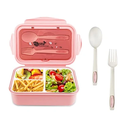 Bild av Newpop Lunchlåda med 3 fack och gaffelsked 1 400 ml, BPA fri bento, matlåda för mikrovågsugn diskmaskin vuxna, barn, skolarbete, rosa