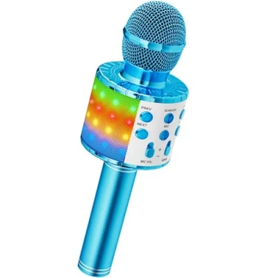 Bild av An Trådlös karaoke mikrofon, mikrokaraoke barn med LED danslampor, Bluetooth mikrofon för barn, flicka, pojke, fest, sjungande idé blå födelsedag