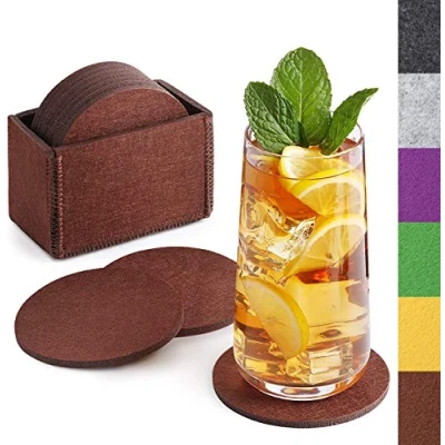 Bild av Sidorenko filtunderlägg runt för glas set om 10 bläck. Box designglasunderlägg i brunt drycker, koppar, bar, premium bordsunderlägg