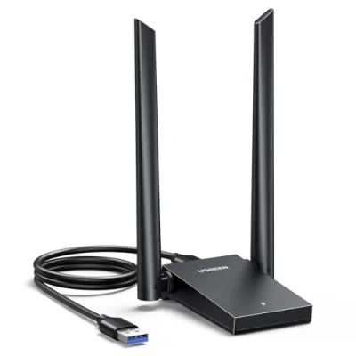 Bild av UGREEN AX1800 USB WLAN stick adapter WiFi 6 3.0 för PC Dubbla 5dBi antenner med inbyggd drivrutin, supervägggenomföring och dubbelband (5GHz/2.4GHz) Windows 10/11.
