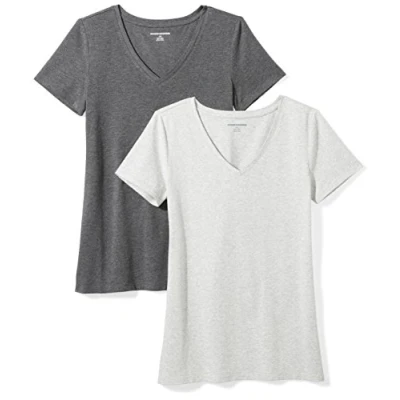 Bild av Amazon Essentials Women&#039;s Kortärmad V ringad T shirt klassisk passform, Pack of 2, Kolsvart ljung/Ljusgrå ljung, M