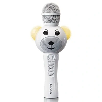 Bild av Lenco BMC 060 karaoke mikrofon för barn Bluetooth V5.0 med smartphone hållare 5 watt RMS LED ljuseffekter integrerat batteri 1 200 mAh Android och iOS vit