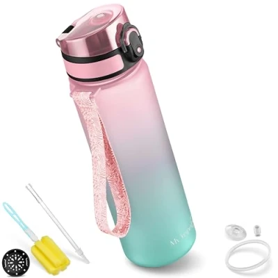 Bild av My Vesperbox Minny Drickflaska för barn, läckagesäker, med sugrör eller sil, 350, 500, 750 ml, lätt vattenflaska i tritan, BPA fri, dagis och skola (rosa turkos, ml)